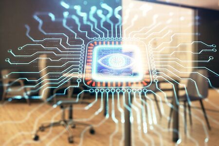 Tech theme abstract hologram and minimalistic cabinet interior background. Double exposure. High technology concept.の写真素材