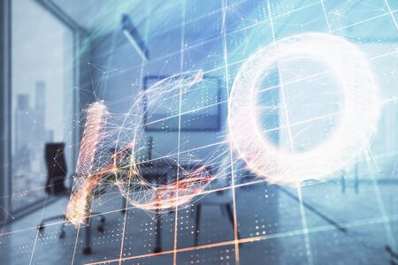 Bitcoin sign hologram with minimalistic cabinet background. Double exposure. Cryptocurrency concept.の写真素材