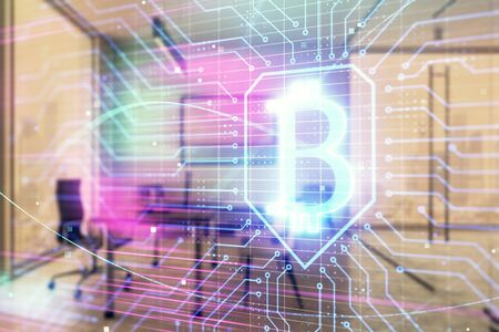 Bitcoin sign hologram with minimalistic cabinet background. Double exposure. Cryptocurrency concept.の写真素材