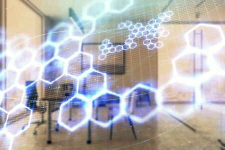 Tech theme abstract hologram and minimalistic cabinet interior background. Double exposure. High technology concept.の写真素材