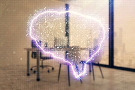 Brain sign hologram with minimalistic cabinet background. Double exposure. Ai concept.の写真素材