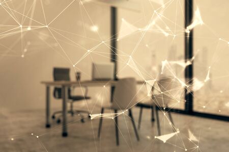 Tech theme abstract hologram and minimalistic cabinet interior background. Double exposure. High technology concept.の写真素材
