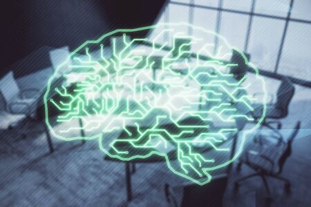 Double exposure of brain drawing hologram on conference room background. Concept of data analysisの写真素材
