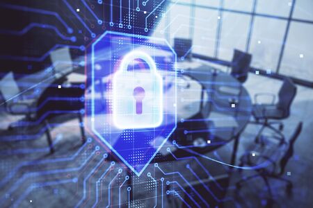 Double exposure of lock icon hologram on conference room background. Concept of cyber securityの写真素材