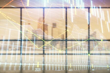 Double exposure of financial chart on empty room interior background. Forex market concept.の写真素材