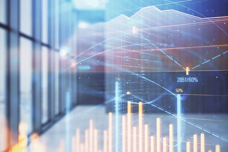Double exposure of financial chart on empty room interior background. Forex market concept.の写真素材