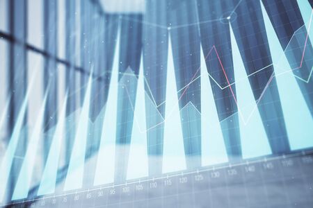 Double exposure of financial chart on empty room interior background. Forex market concept.の写真素材