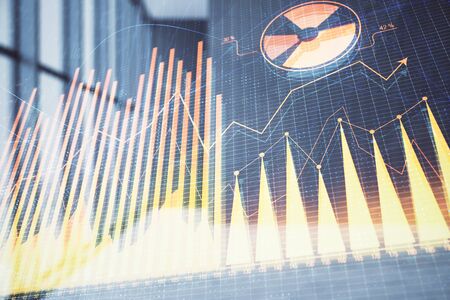 Double exposure of financial chart on empty room interior background. Forex market concept.の写真素材
