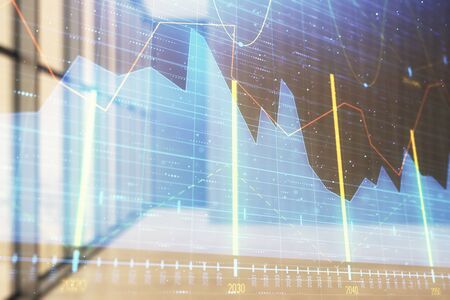 Double exposure of financial graph on empty room interior background. Forex market concept.の写真素材