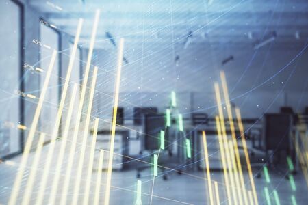 Stock and bond market graph with trading desk bank office interior on background. Multi exposure. Concept of financial analysisの写真素材
