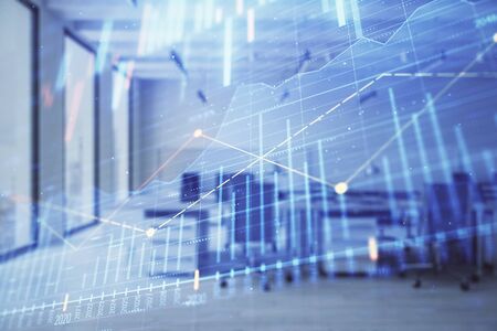 Stock and bond market graph with trading desk bank office interior on background. Multi exposure. Concept of financial analysisの写真素材