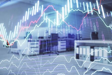 Stock market chart with trading desk bank office interior on background. Double exposure. Concept of financial analysisの写真素材