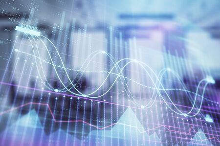 Stock market chart with trading desk bank office interior on background. Double exposure. Concept of financial analysisの写真素材