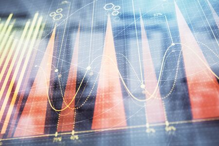 Stock market chart with trading desk bank office interior on background. Double exposure. Concept of financial analysisの写真素材