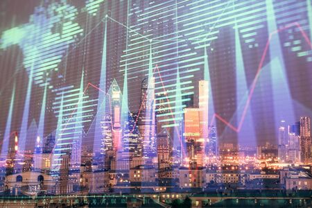 Double exposure of financial graph and world map on city veiw background. Concept of financial market research and analysisの写真素材