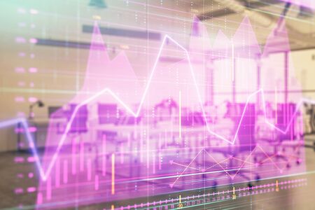 Stock and bond market graph with trading desk bank office interior on background. Multi exposure. Concept of financial analysisの写真素材
