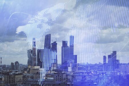 Double exposure of world map on city veiw background. Concept of international tradingの写真素材
