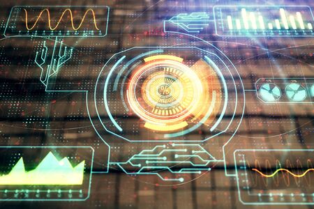 Tech theme hologram and abstract background. Double exposure. Concept technologyの写真素材