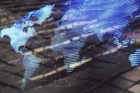Globe hologram and abstract background. Double exposure. Concept of international business.の写真素材