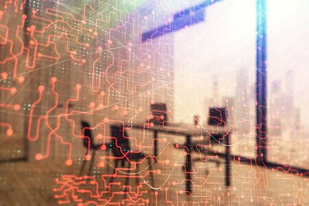 Tech theme abstract hologram and minimalistic cabinet interior background. Double exposure. High technology concept.の写真素材