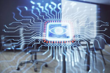 Tech theme abstract hologram and minimalistic cabinet interior background. Double exposure. High technology concept.の写真素材