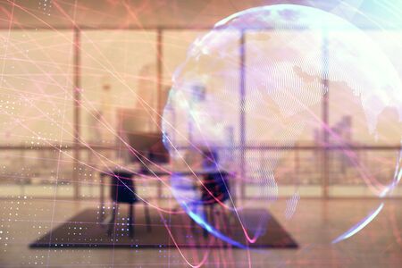 World map and minimalistic cabinet interior background. Double exposure. International business concept.の写真素材