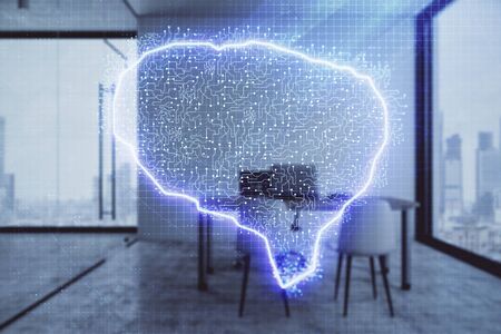 Brain sign hologram with minimalistic cabinet background. Double exposure. Ai concept.の写真素材
