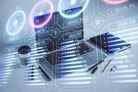 Business theme concept hologram with desktop office background. Double exposure.の写真素材