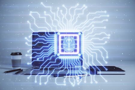 Brain sketch hologram with desktop office background. Double exposure. Brainstorm concept.の写真素材