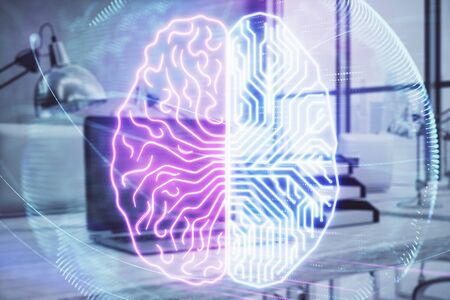 Brain sketch hologram with desktop office background. Double exposure. Brainstorm concept.の写真素材