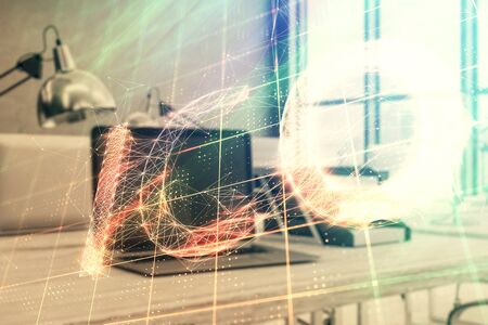 Blockchain theme hologram with desktop office background. Double exposure. Crypto business concept.の写真素材