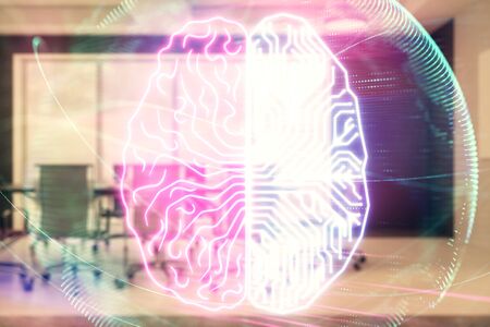 Double exposure of brain drawing hologram on conference room background. Concept of data analysisの写真素材