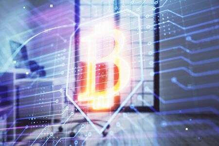 Bitcoin sign hologram with minimalistic cabinet background. Double exposure. Cryptocurrency concept.の写真素材