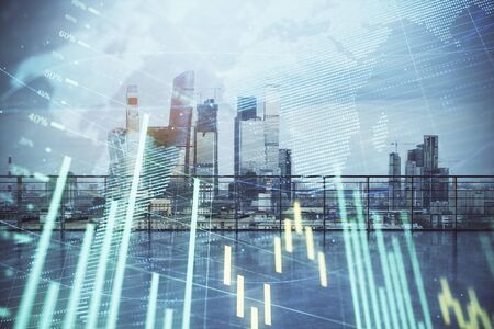 Forex graph with map hologram with city view from roof background. Double exposure. Financial analysis concept.の写真素材