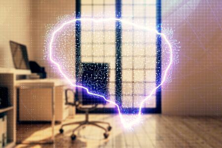 Brain sign hologram with minimalistic cabinet background. Double exposure. Ai concept.の写真素材