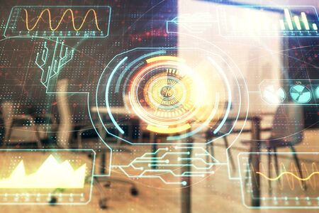Tech theme abstract hologram and minimalistic cabinet interior background. Double exposure. High technology concept.の写真素材