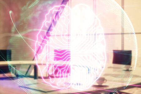 Double exposure of brain drawing hologram on conference room background. Concept of data analysisの写真素材