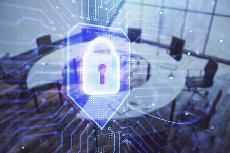 Double exposure of lock icon hologram on conference room background. Concept of cyber securityの写真素材