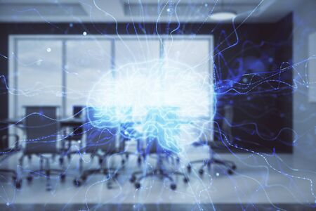 Double exposure of brain drawing hologram on conference room background. Concept of data analysisの写真素材