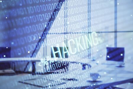 Double exposure of hacking theme hologram on conference room background. Concept of cyberpiracyの写真素材