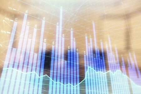 Multi exposure of stock market graph on conference room background. Concept of financial analysisの写真素材