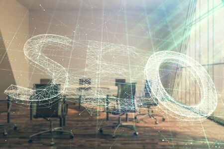 Double exposure of seo hologram on conference room background. Concept of search optimizationの写真素材
