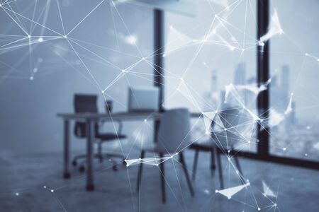 Tech theme abstract hologram and minimalistic cabinet interior background. Double exposure. High technology concept.の写真素材