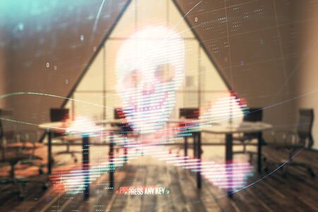 Double exposure of hacking theme hologram on conference room background. Concept of cyberpiracyの写真素材