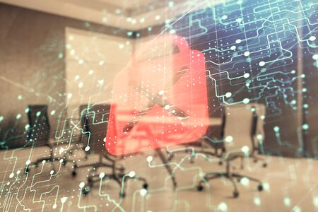 Double exposure of lock icon hologram on conference room background. Concept of cyber securityの写真素材
