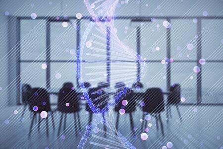 Double exposure of DNA hologram on conference room background. Concept of educationの写真素材