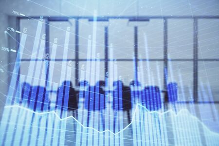 Multi exposure of stock market graph on conference room background. Concept of financial analysisの写真素材