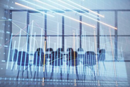 Multi exposure of stock market graph on conference room background. Concept of financial analysisの写真素材