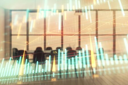 Multi exposure of stock market graph on conference room background. Concept of financial analysisの写真素材