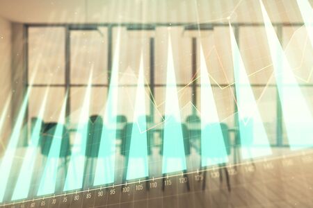 Multi exposure of stock market graph on conference room background. Concept of financial analysisの写真素材